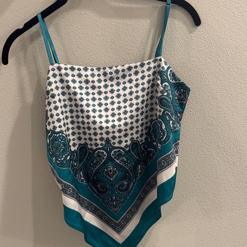 Teal and White Patterned Scarf Top